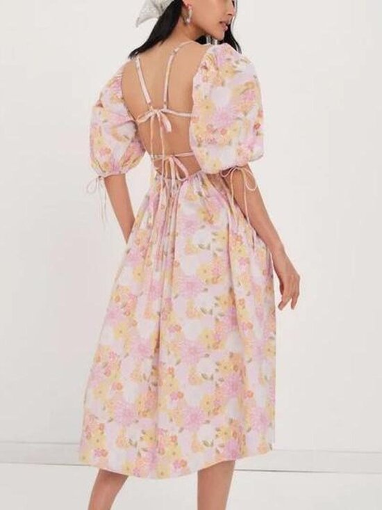 For Love And Lemons Dresses & Skirts - For Love and Lemons Floral Open Back Puff Sleeve Midi Carrie Dress NWT